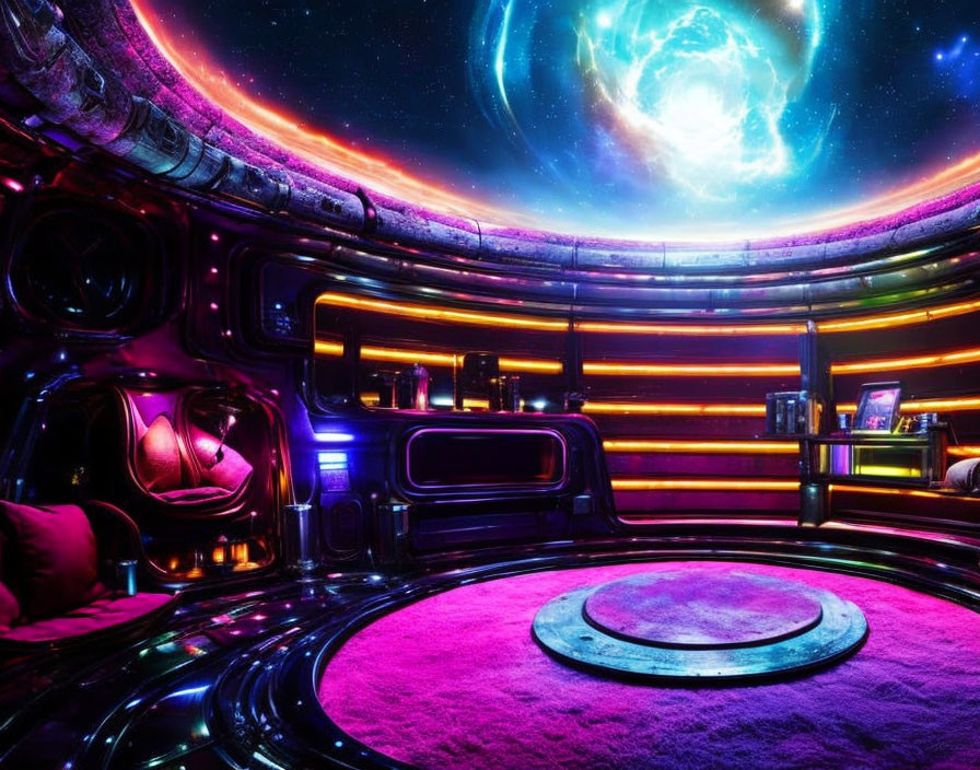 Futuristic spaceship interior with neon lights and galaxy view