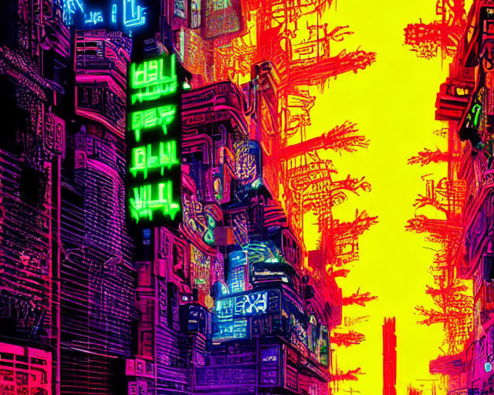 Futuristic cyberpunk cityscape with neon signs and towering structures