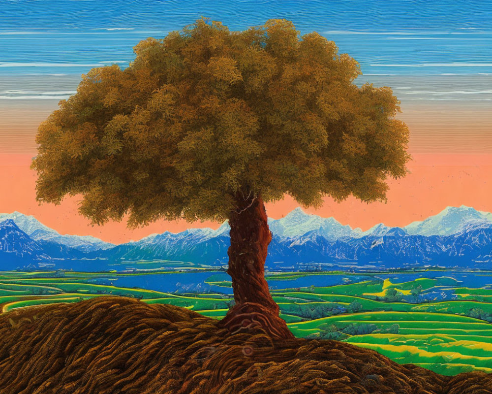 Colorful painting of solitary tree on hill with lush foliage, green fields, and distant mountains under orange