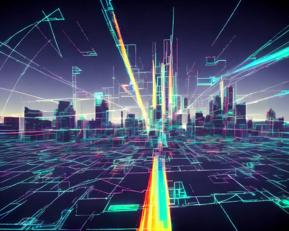 Vibrant neon futuristic cityscape with abstract high-rise structures