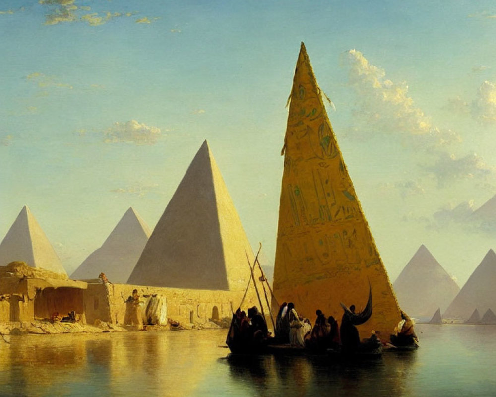 Egyptian river scene with obelisk, pyramids, and boat under blue sky