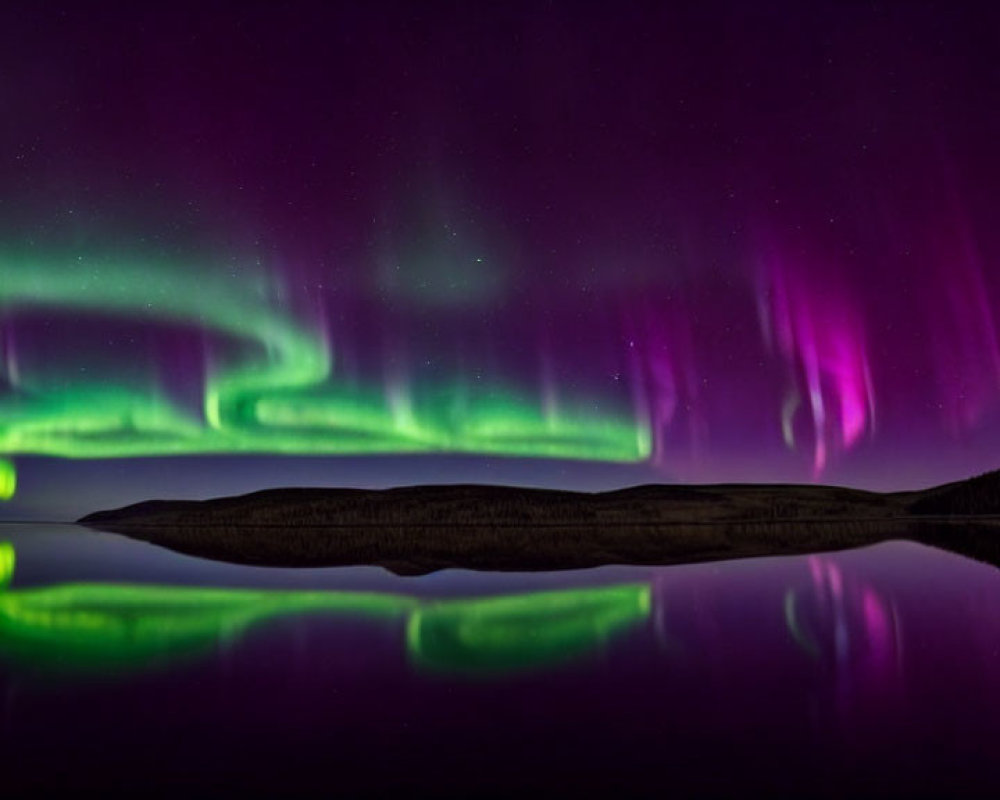 Night Sky: Green and Purple Aurora over Tranquil Lake and Silhouetted Hills