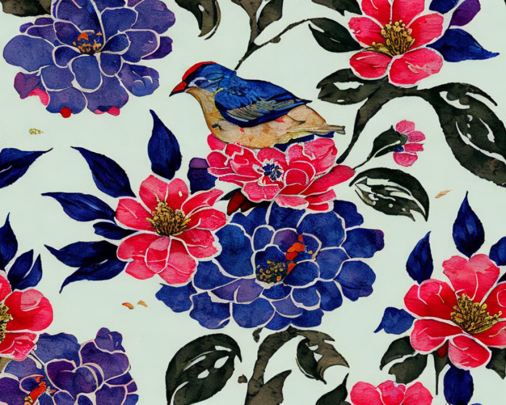 Vibrant bird illustration on blooming branches with pink and purple flowers