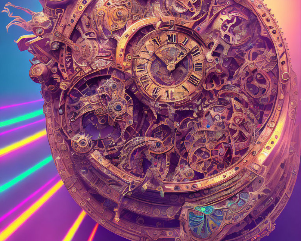 Detailed Steampunk-Style Clock with Gears on Colorful Background