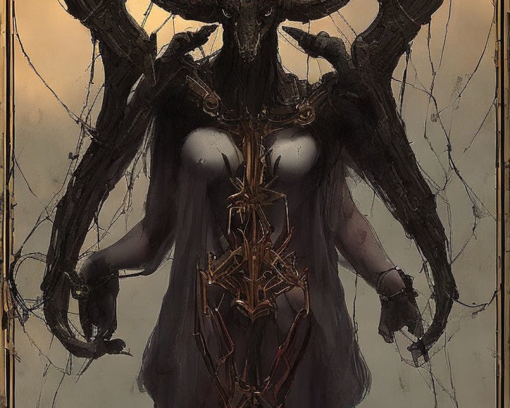 Dark Fantasy Figure with Horns and Red Eyes in Black Robe on Gold Backdrop