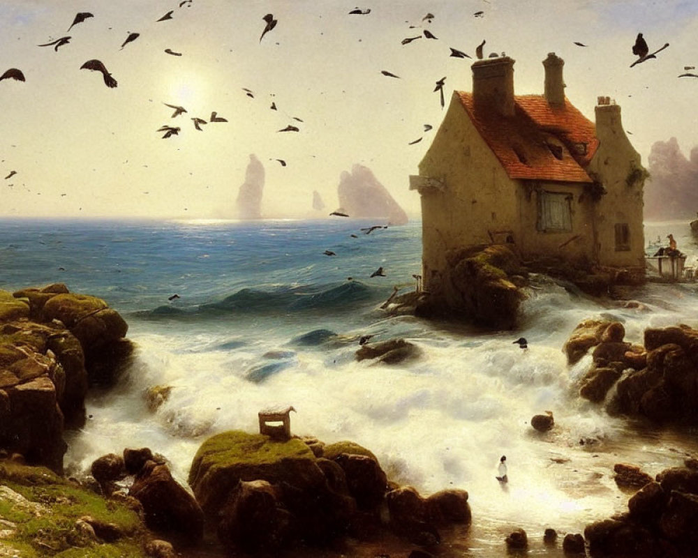 Thatched roof seaside cottage on rocky shore with crashing waves