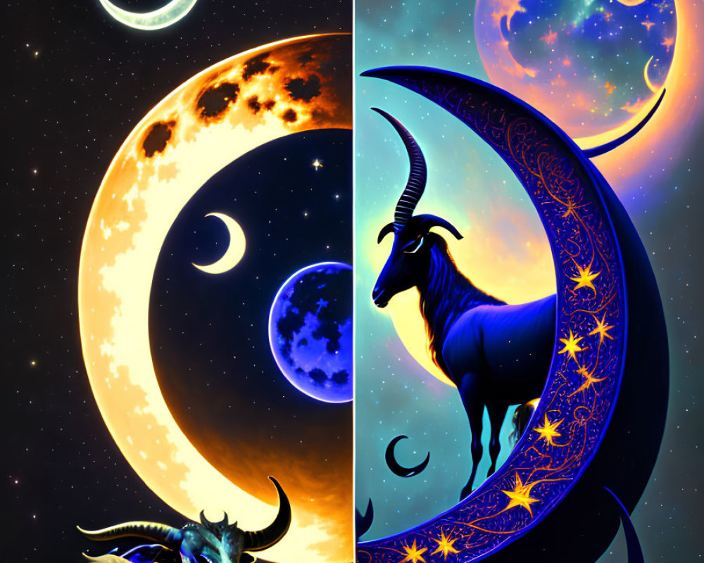 Illustration of crescent moon, stars, and fantastical goat under celestial sky