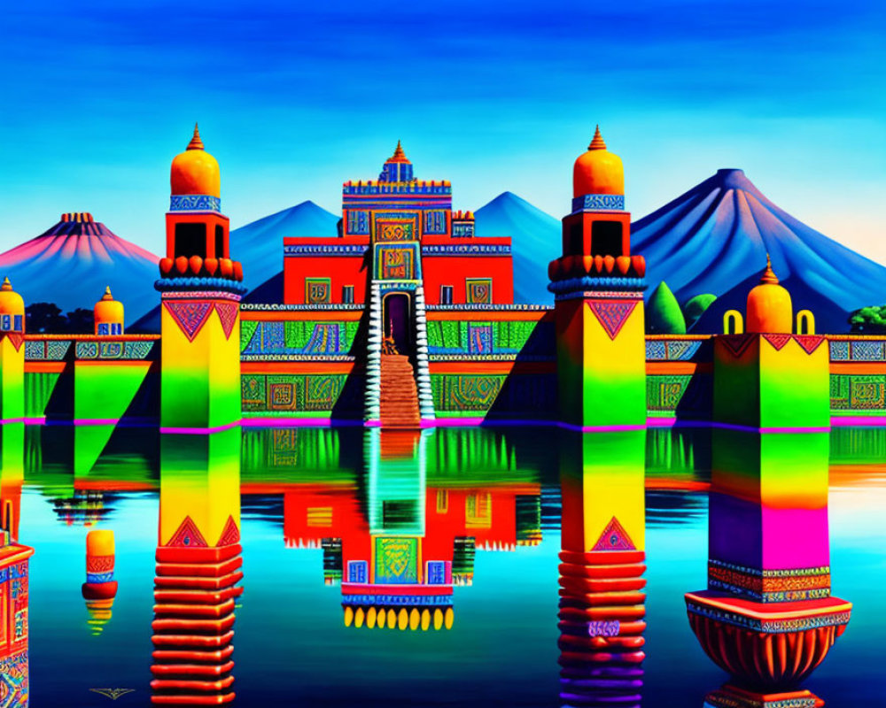 Colorful Mesoamerican Pyramid Painting with Mountains and Water Reflection