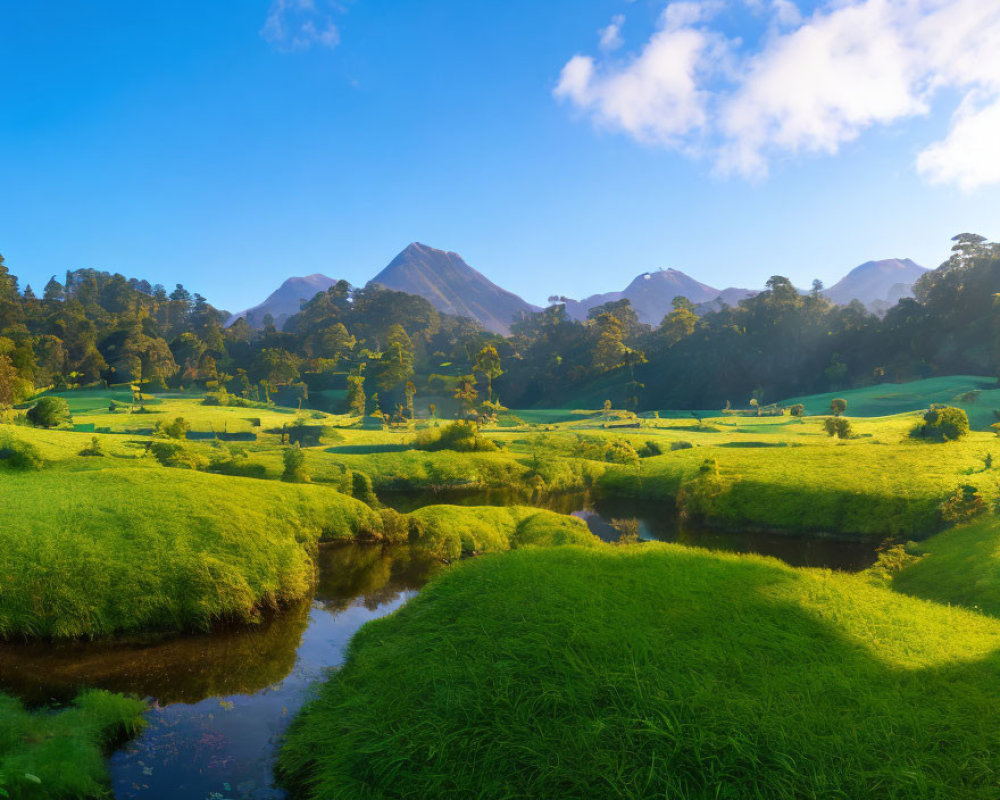 Scenic landscape with green meadows, trees, river, and mountains