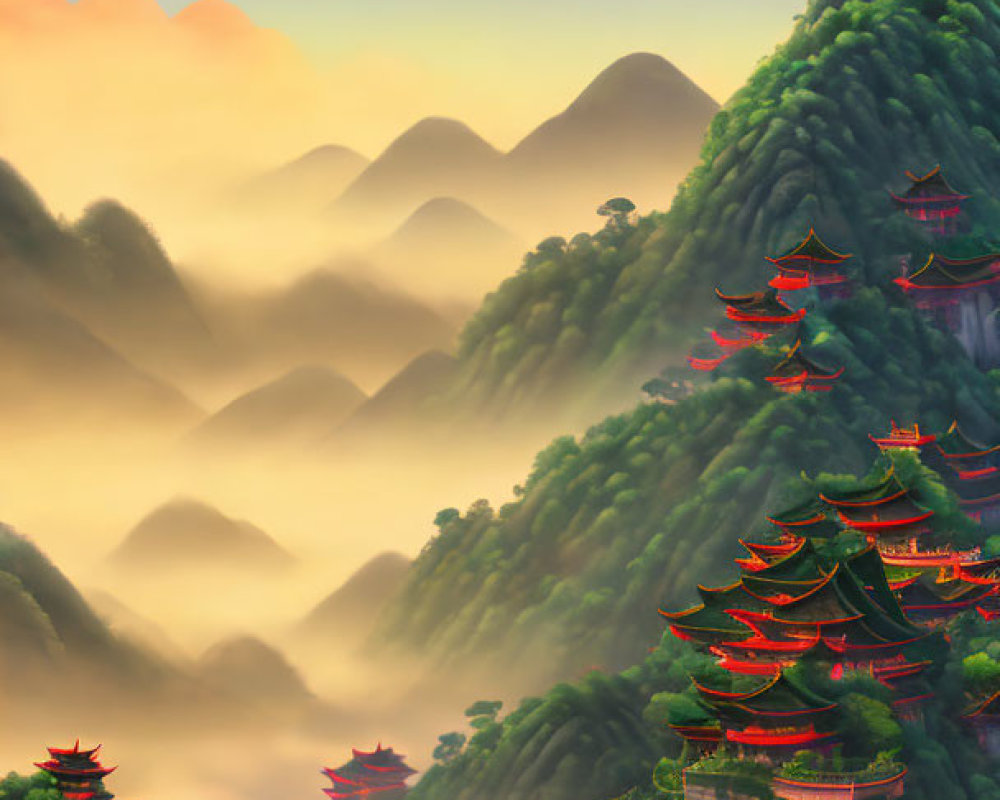 Misty mountain landscape with pagodas in lush greenery