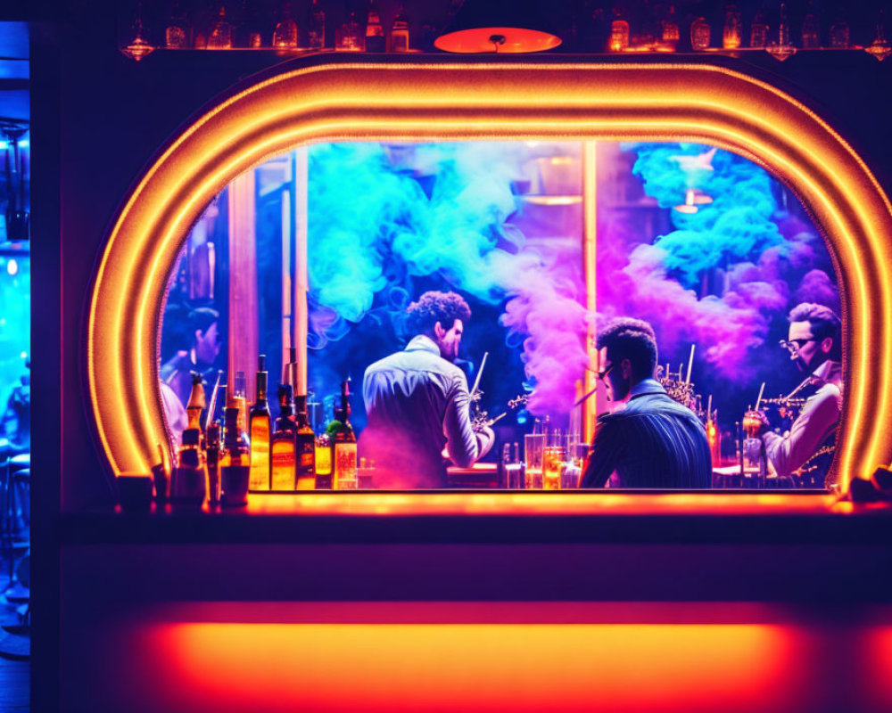 Vibrant neon-lit bar scene with people and illuminated bottles