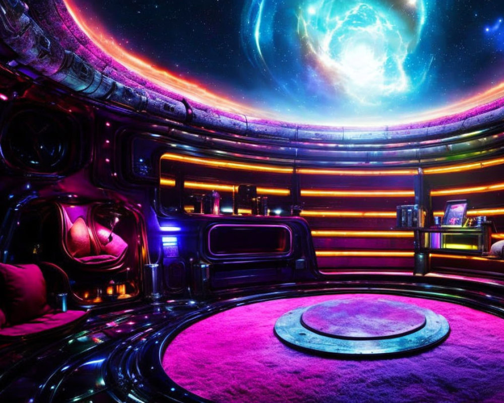 Futuristic spaceship interior with neon lights and galaxy view