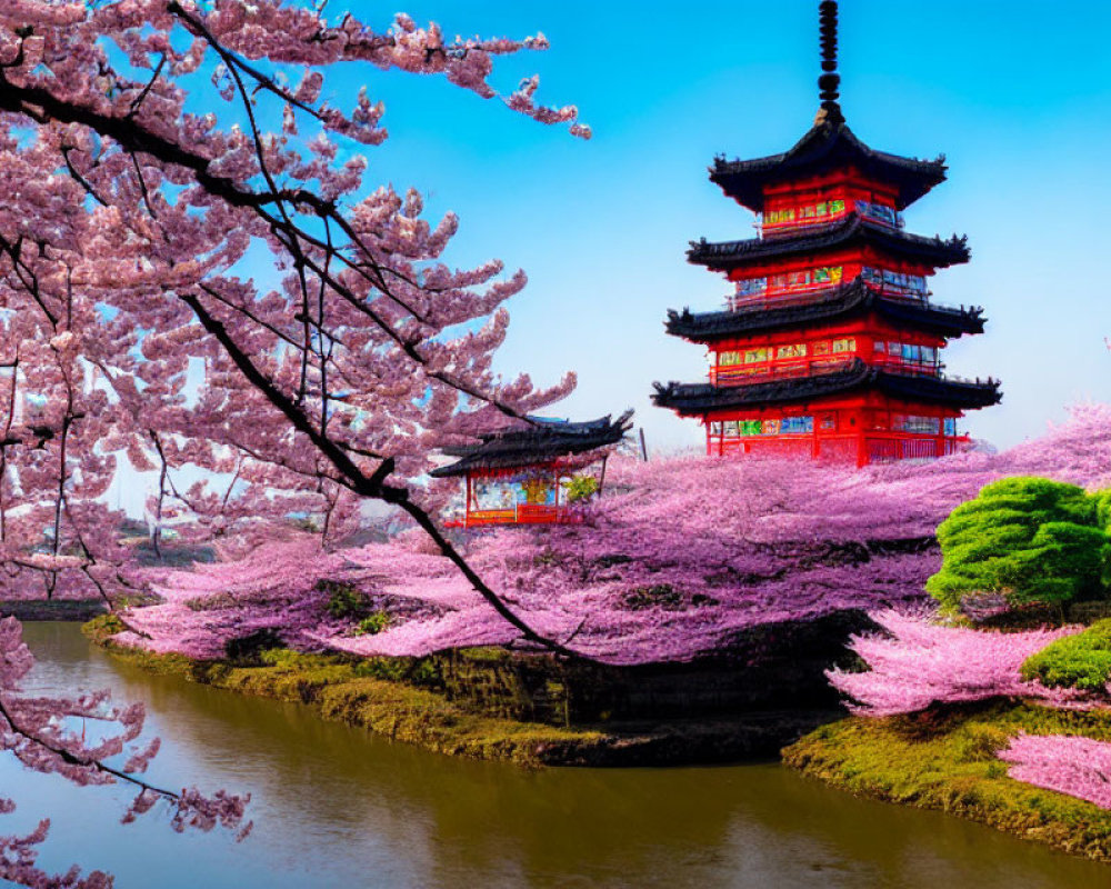 Traditional Pagoda Surrounded by Cherry Blossoms and River