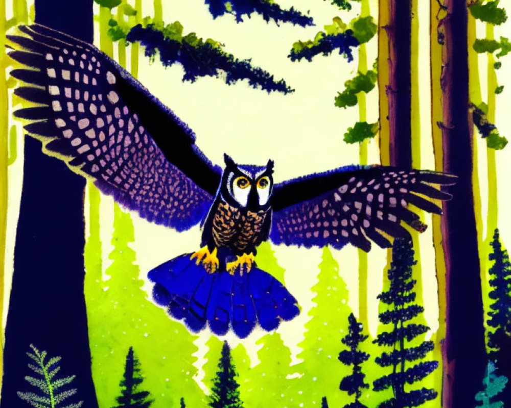 Illustrated owl in flight over vibrant forest with tall green trees on dark blue background