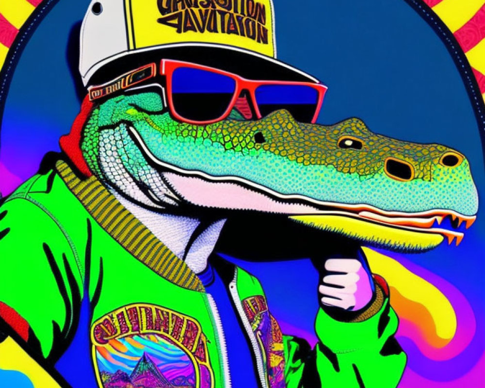 Anthropomorphic alligator in sunglasses, cap, bomber jacket with patches, on psychedelic background