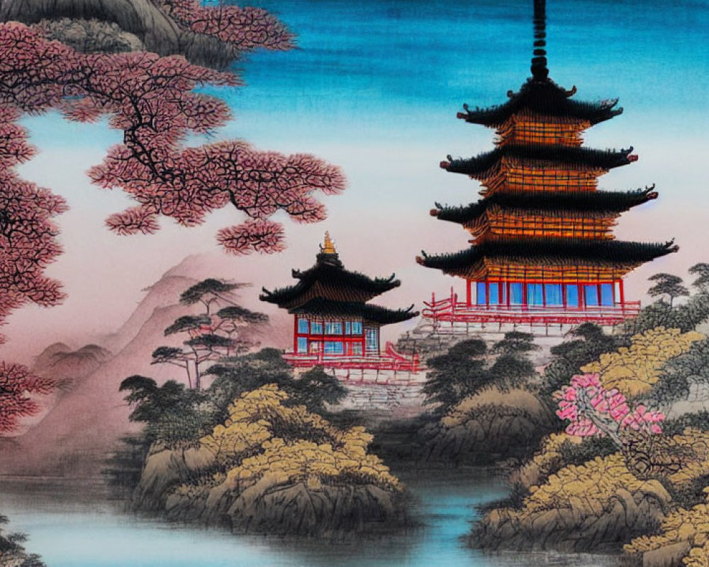 Traditional Asian landscape painting with pagoda, cherry blossoms, bridge, river, and mountains.