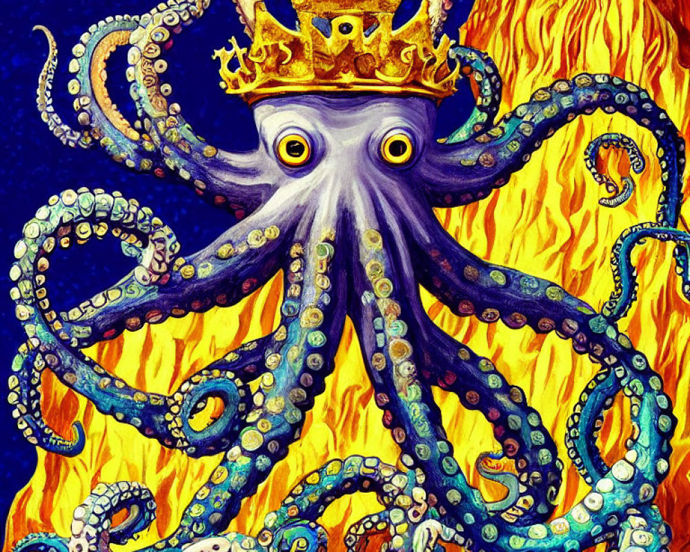 Vibrant illustrated octopus with crown in flames on dark background