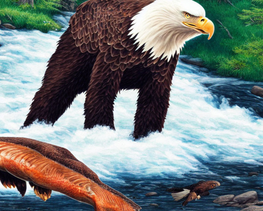 Bear-bodied eagle-headed creature by stream with leaping fish