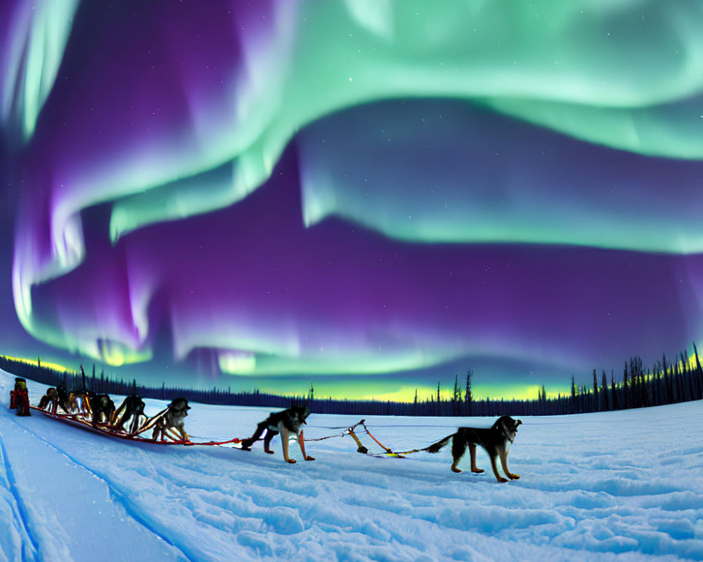 Dog sled team under vibrant aurora borealis in snowy landscape