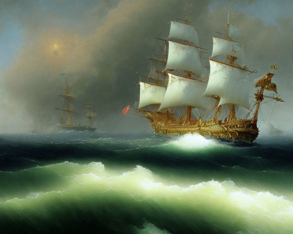 Historic painting of three sailing ships on stormy seas