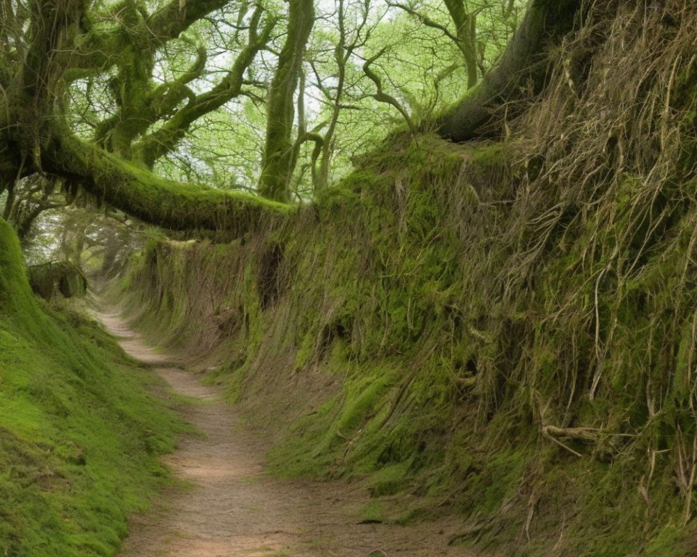 Lush Moss-Covered Woodland Path with Twisted Trees