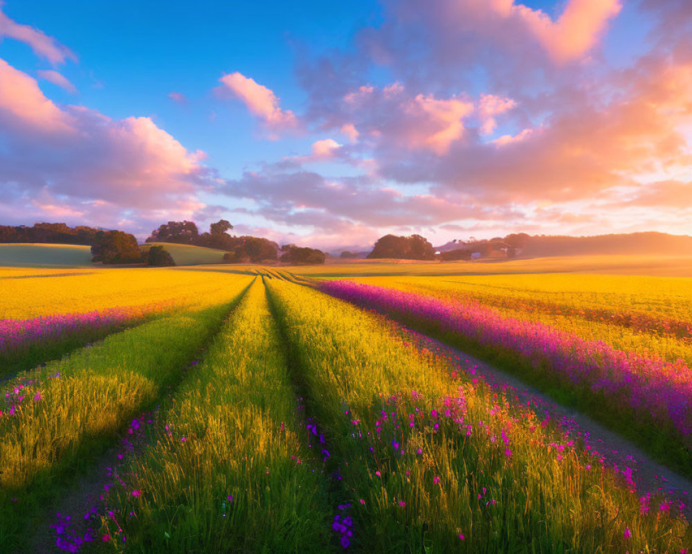 Colorful Flower Field at Sunrise with Fluffy Clouds