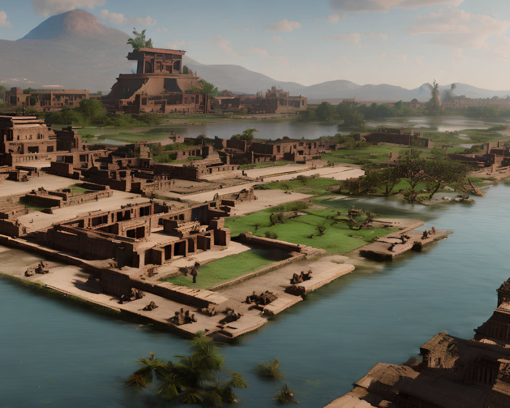 Ancient River Civilization with Waterfront Architecture and Mountains