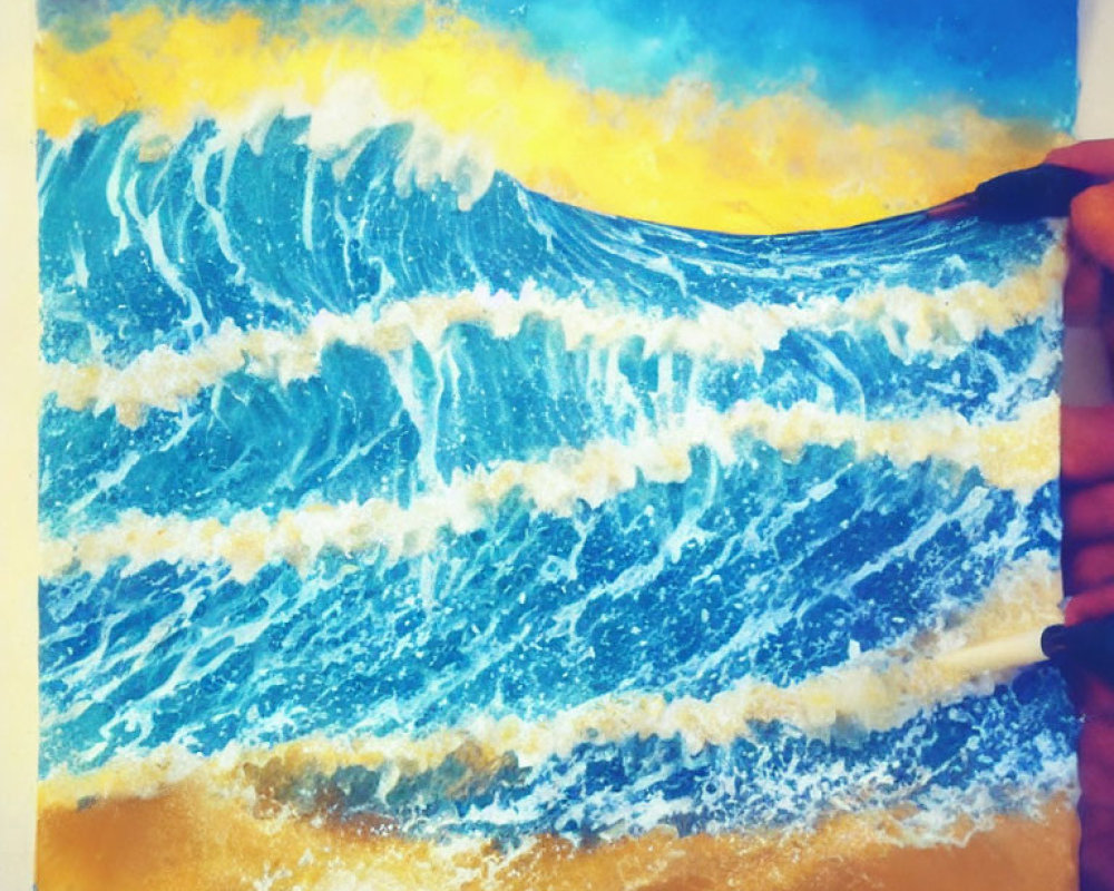 Vibrant painting of blue crashing wave under yellow and blue sky