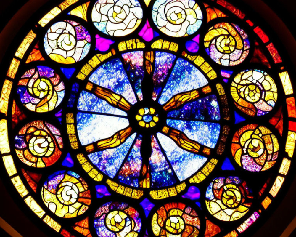 Circular Flower Pattern Stained Glass Window in Blue, Yellow, and Purple