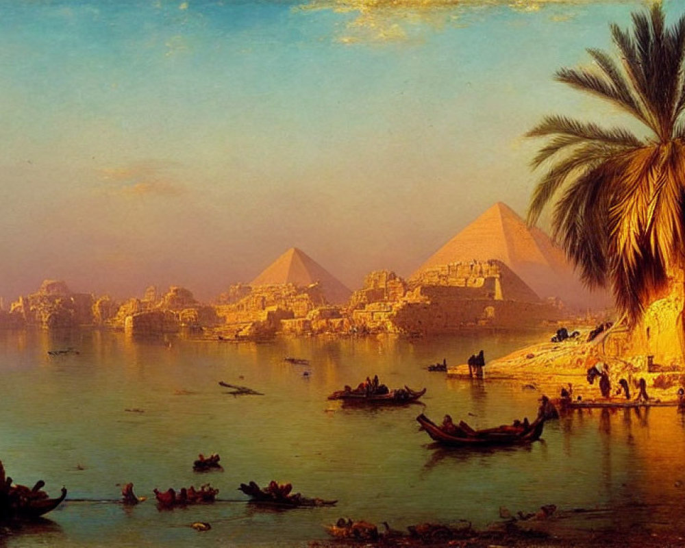 19th-Century Nile Riverside Landscape with Pyramids, Palm Trees, and Boats