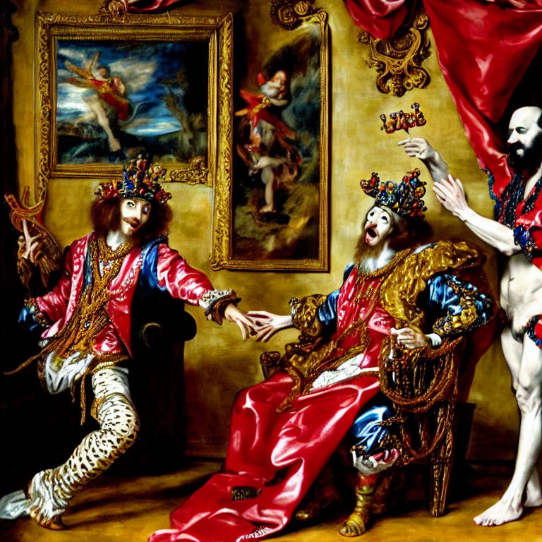 Elaborately dressed jesters in room with red curtains, paintings, and skeleton