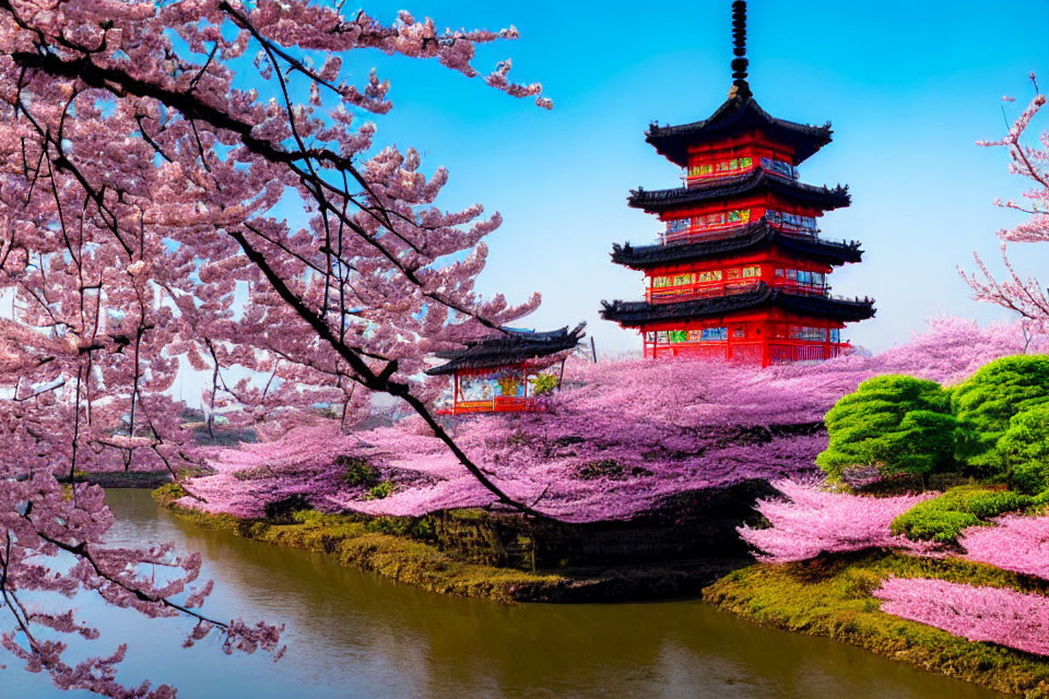 Traditional Pagoda Surrounded by Cherry Blossoms and River