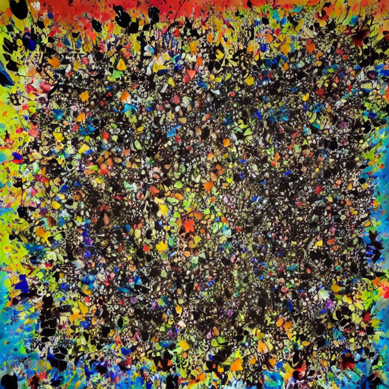 Vibrant abstract splatter painting with dense black and multicolored specks