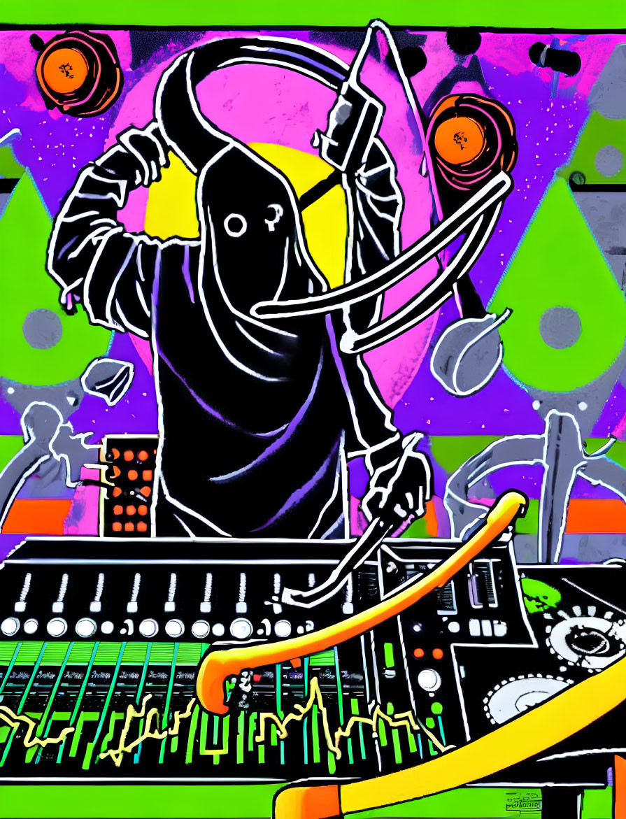 Colorful Hooded Figure DJing with Vinyl Records and Mixing Console Under Starry Night Sky