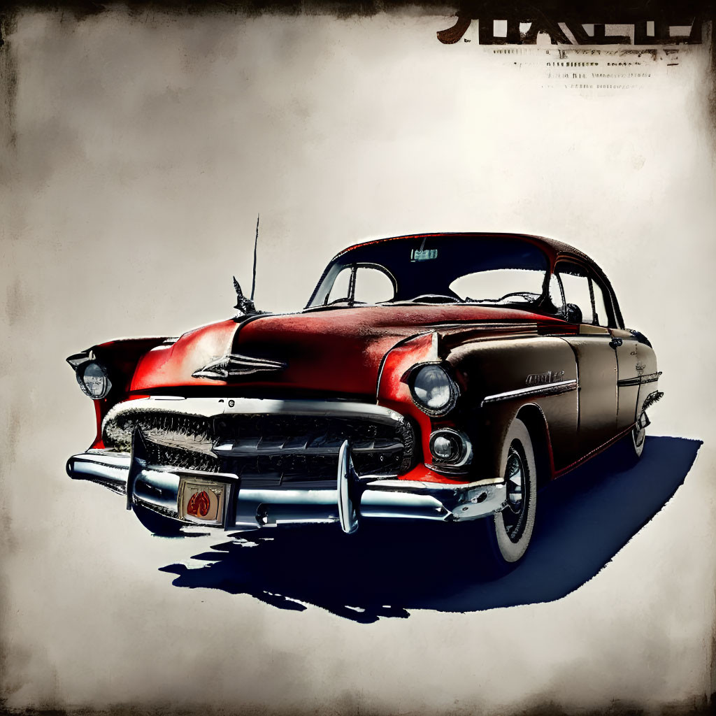 Red and Black Vintage Car with Chrome Detailing and Front Grille on Stylized Background