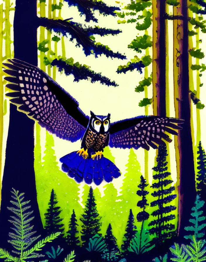 Illustrated owl in flight over vibrant forest with tall green trees on dark blue background