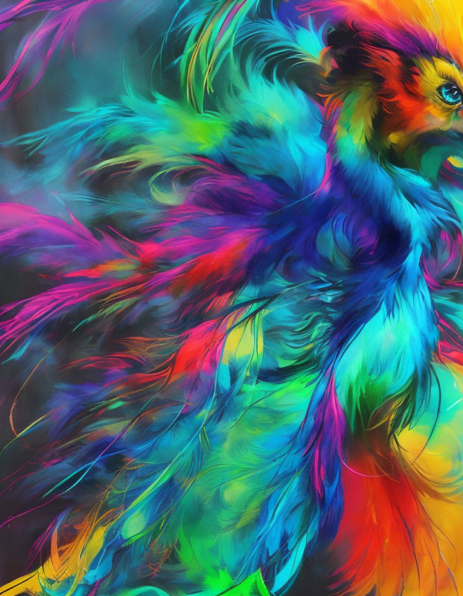 Colorful Abstract Bird Painting with Neon Spectrum and Dynamic Brush Strokes