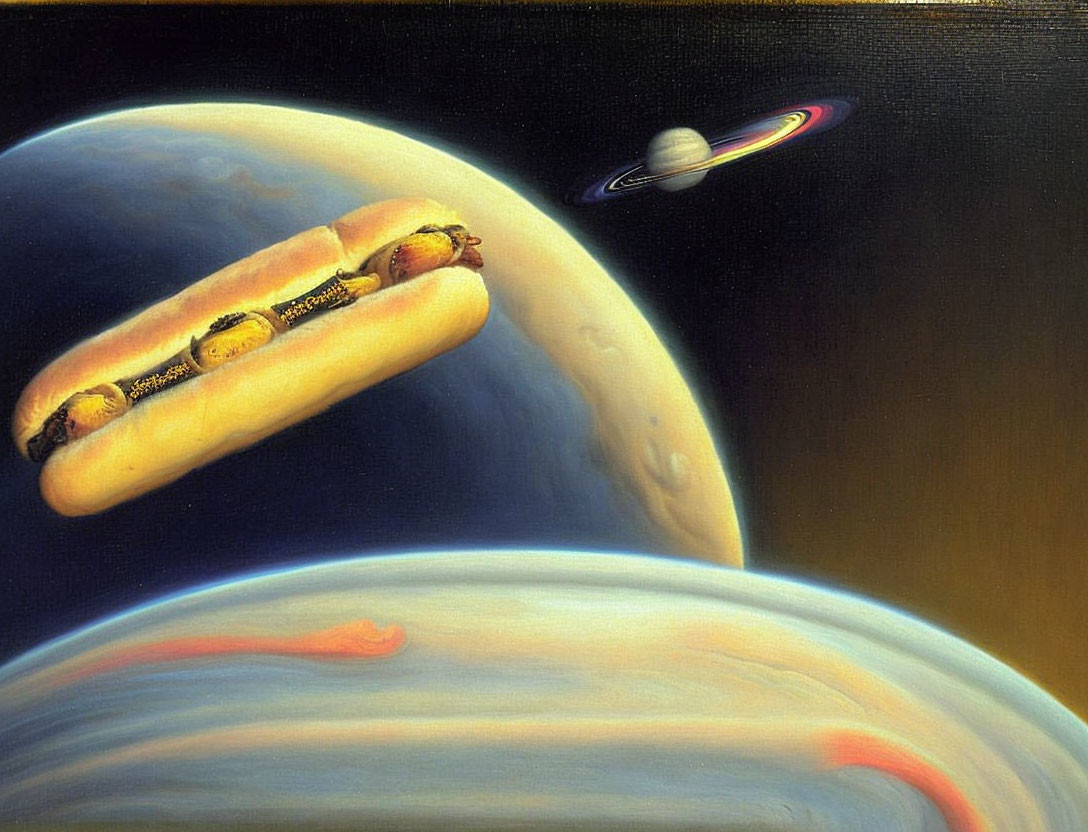 Surreal artwork: Hot dogs orbit large planet with ringed planet in starry sky