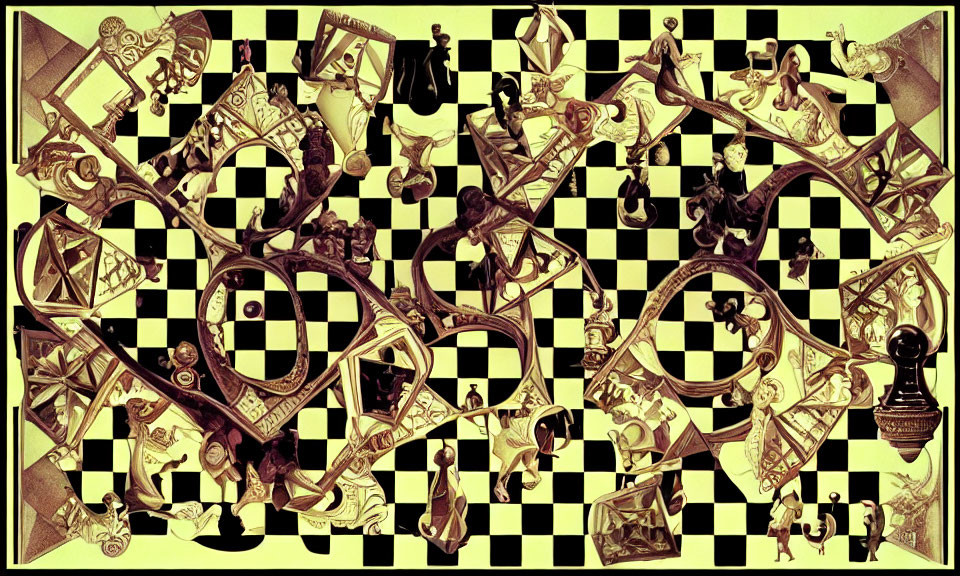 Intricate artwork with human figures, instruments, and animals on checkerboard background