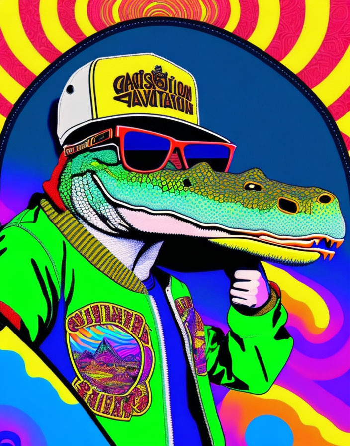 Anthropomorphic alligator in sunglasses, cap, bomber jacket with patches, on psychedelic background