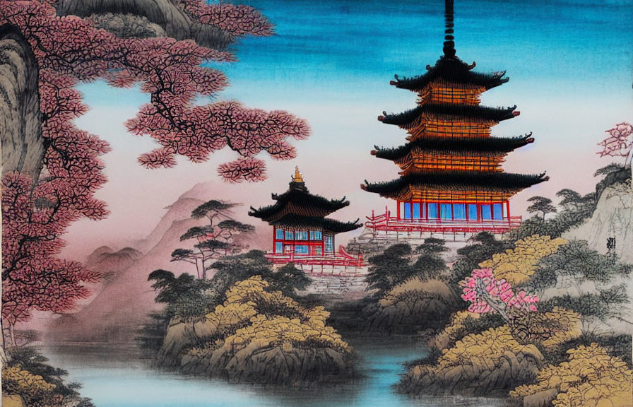 Traditional Asian landscape painting with pagoda, cherry blossoms, bridge, river, and mountains.