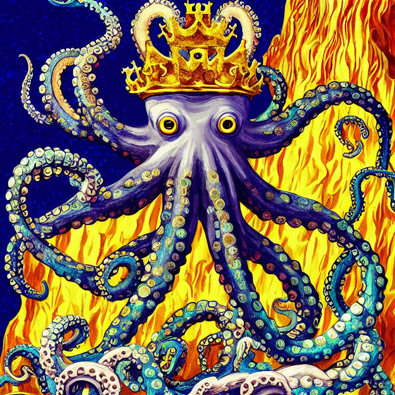 Vibrant illustrated octopus with crown in flames on dark background