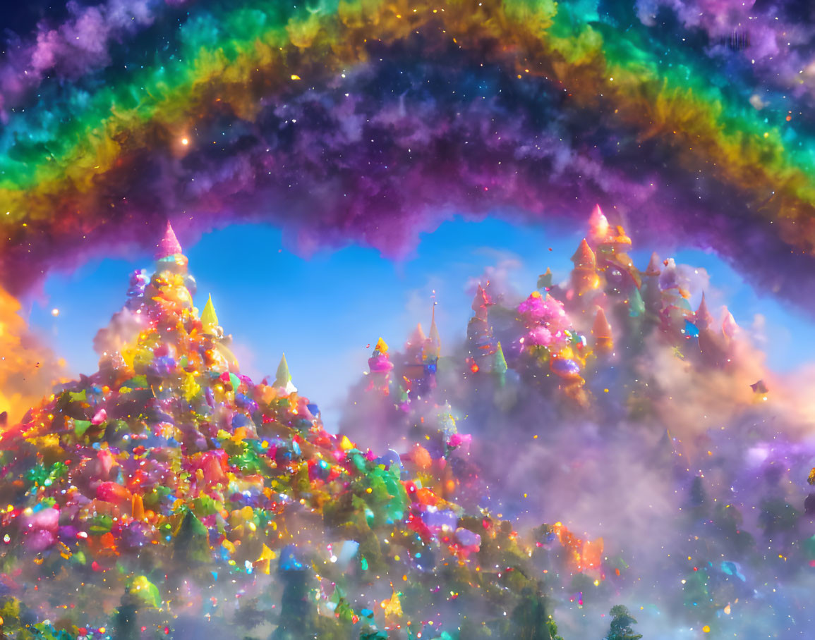 Colorful Sparkling Trees in Celestial Rainbow Landscape