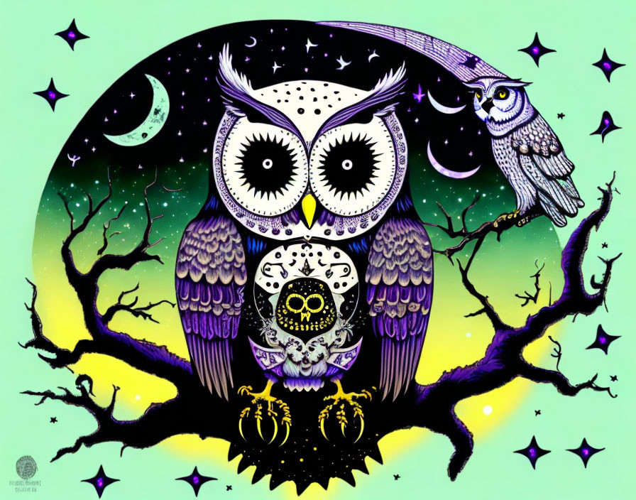 Colorful Owl Artwork with Skull Design on Branch at Night