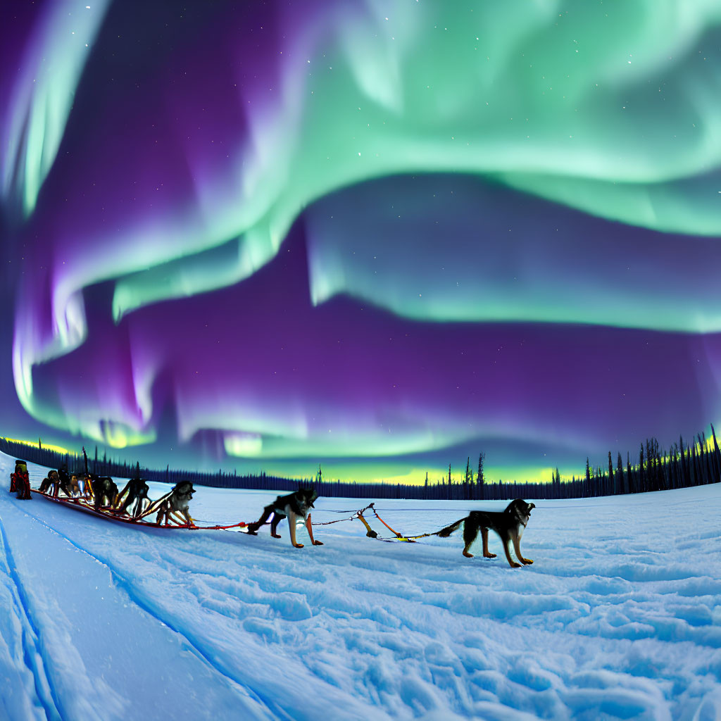 Dog sled team under vibrant aurora borealis in snowy landscape