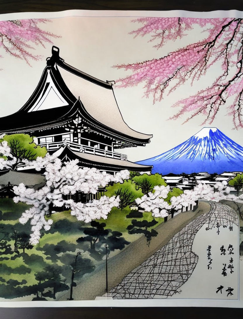 Japanese Artwork: Temple, Cherry Blossoms, Path, Mount Fuji