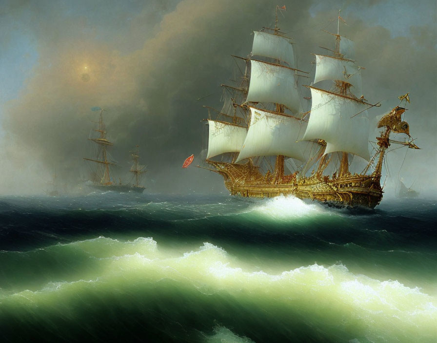 Historic painting of three sailing ships on stormy seas