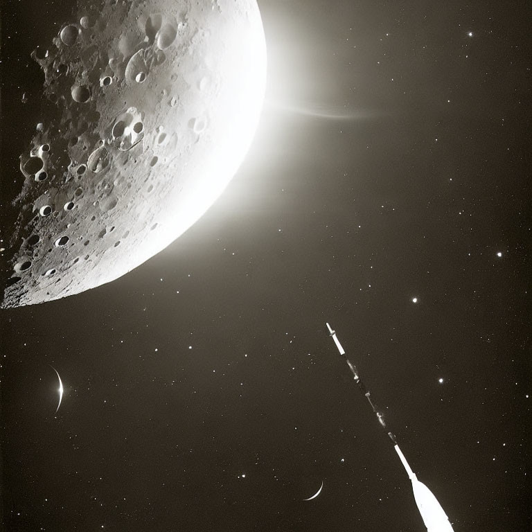 Monochrome crescent moon with rocket, stars, and planets