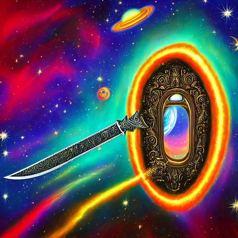 Decorated sword and mirror in colorful cosmic scene