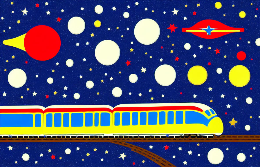 Colorful futuristic train on winding track in space with planets and red spaceship